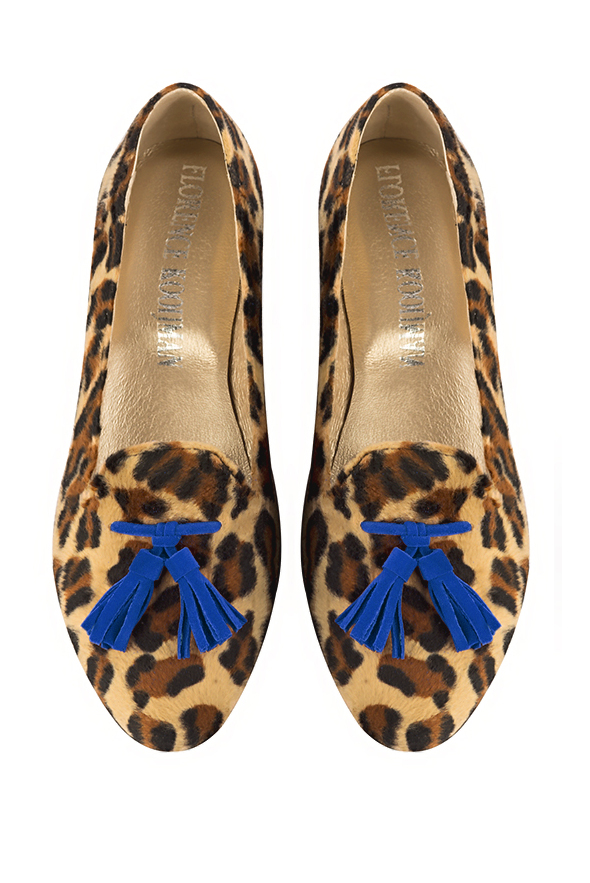 Safari black and electric blue women's loafers with pompons. Round toe. Flat leather soles. Top view - Florence KOOIJMAN